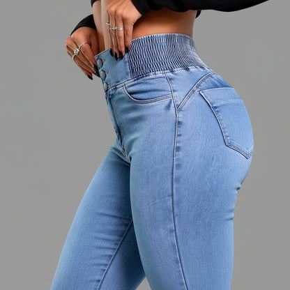 Jean Femme Taille Haute Boutons & Fronces Dos