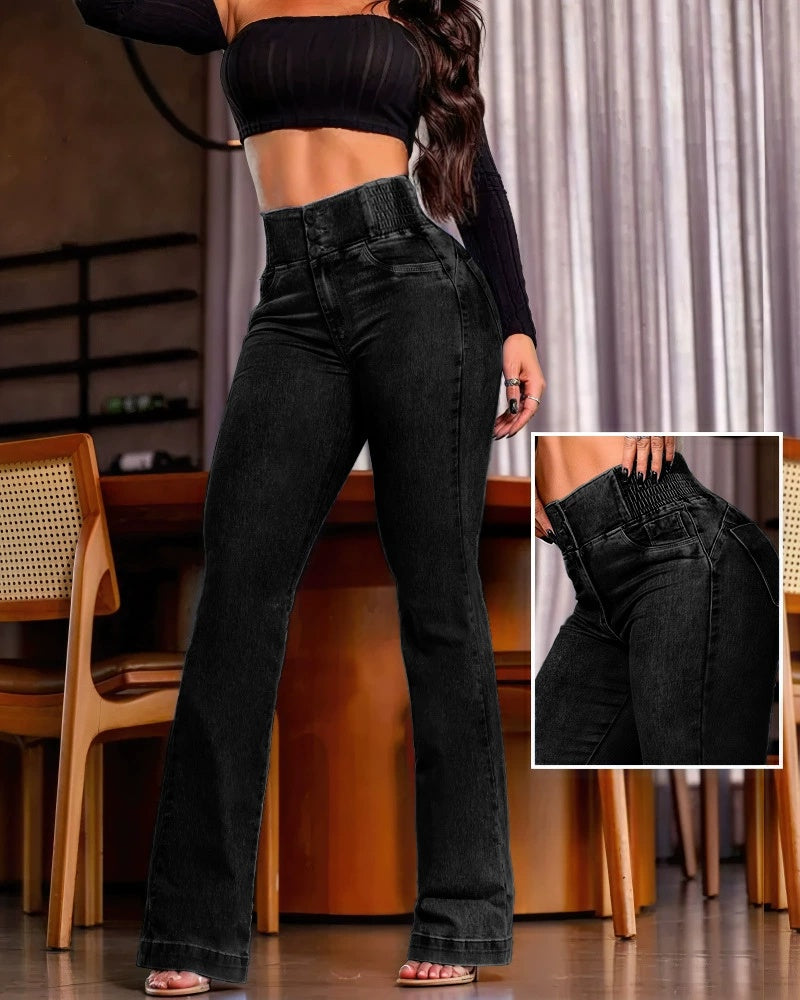 Jean Femme Taille Haute Boutons & Fronces Dos